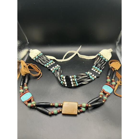 Hand Made Tribal/ Native Leather Tied Necklaces/ Untested Beads Stone Wood Mix - Picture 1 of 5